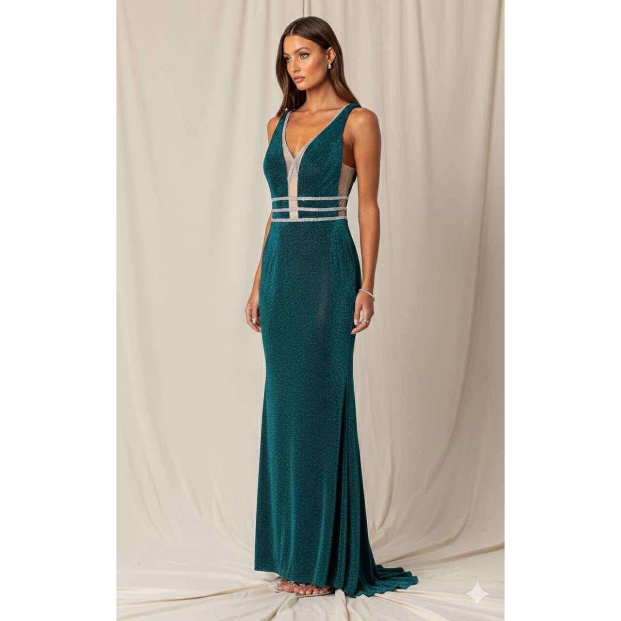 Cinderella Divine Emerald Green Glitter Fitted Prom Gown Sleeveless Formal Sz 8